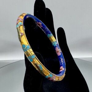 Cloisonné Hinged Bangle Blue and Gold Bangle Bracelet 7" x 1/4" wide